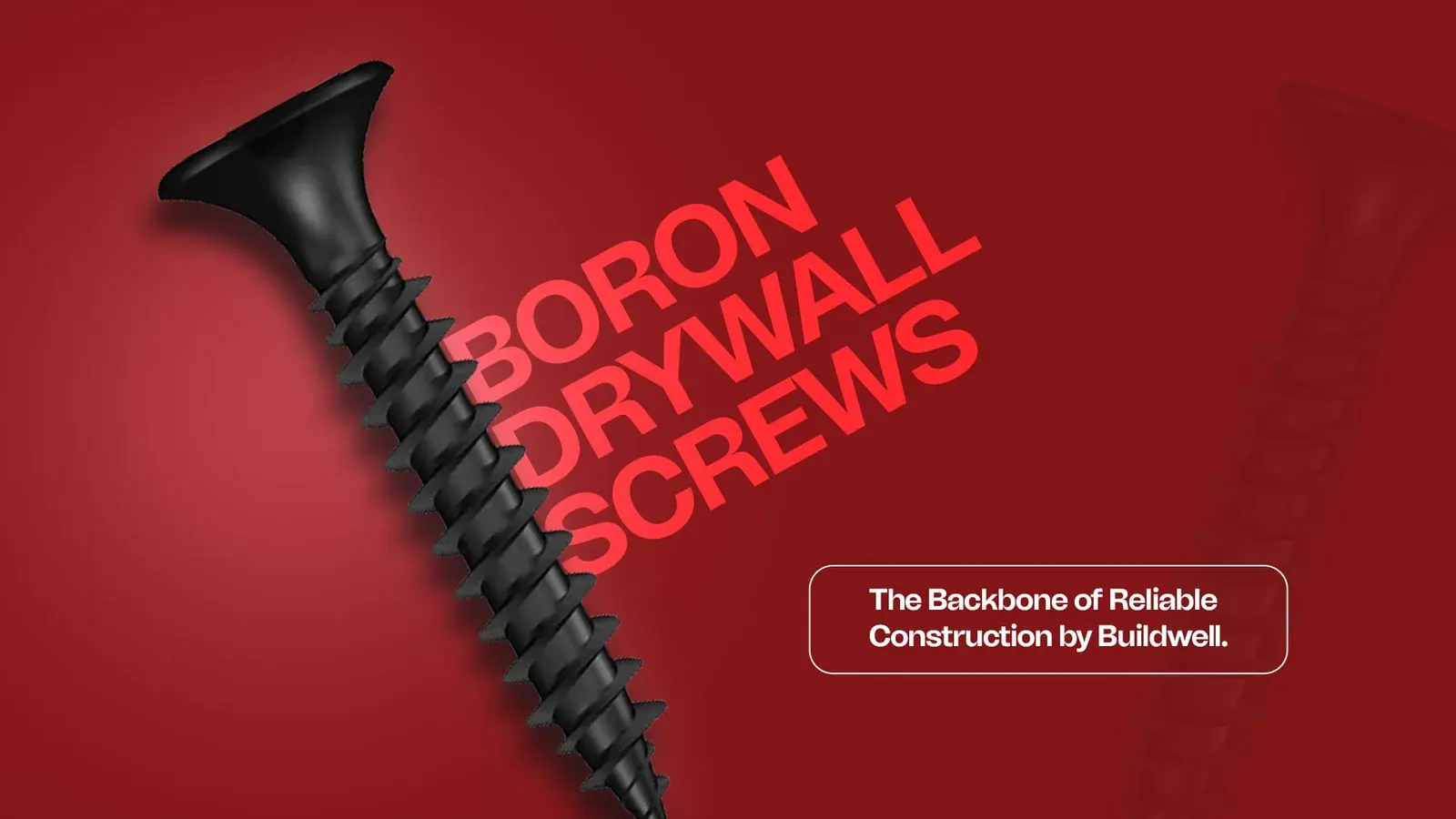 Black Boron Drywall Screw with red background, showcasing Buildwell’s trusted quality and strength—Boron Drywall Screws for Reliable Construction