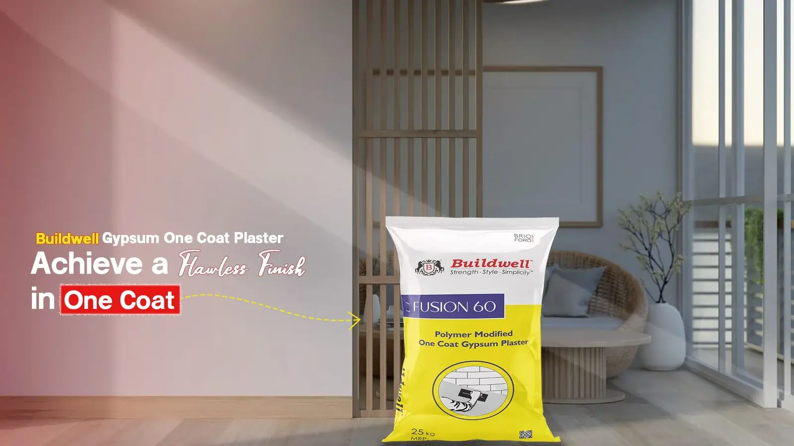 Buildwell Fusion 60 Polymer Modified One Coat Gypsum Plaster bag placed in a modern interior setting, highlighting its smooth finish and single-coat application—representing Buildwell Gypsum One Coat Plaster