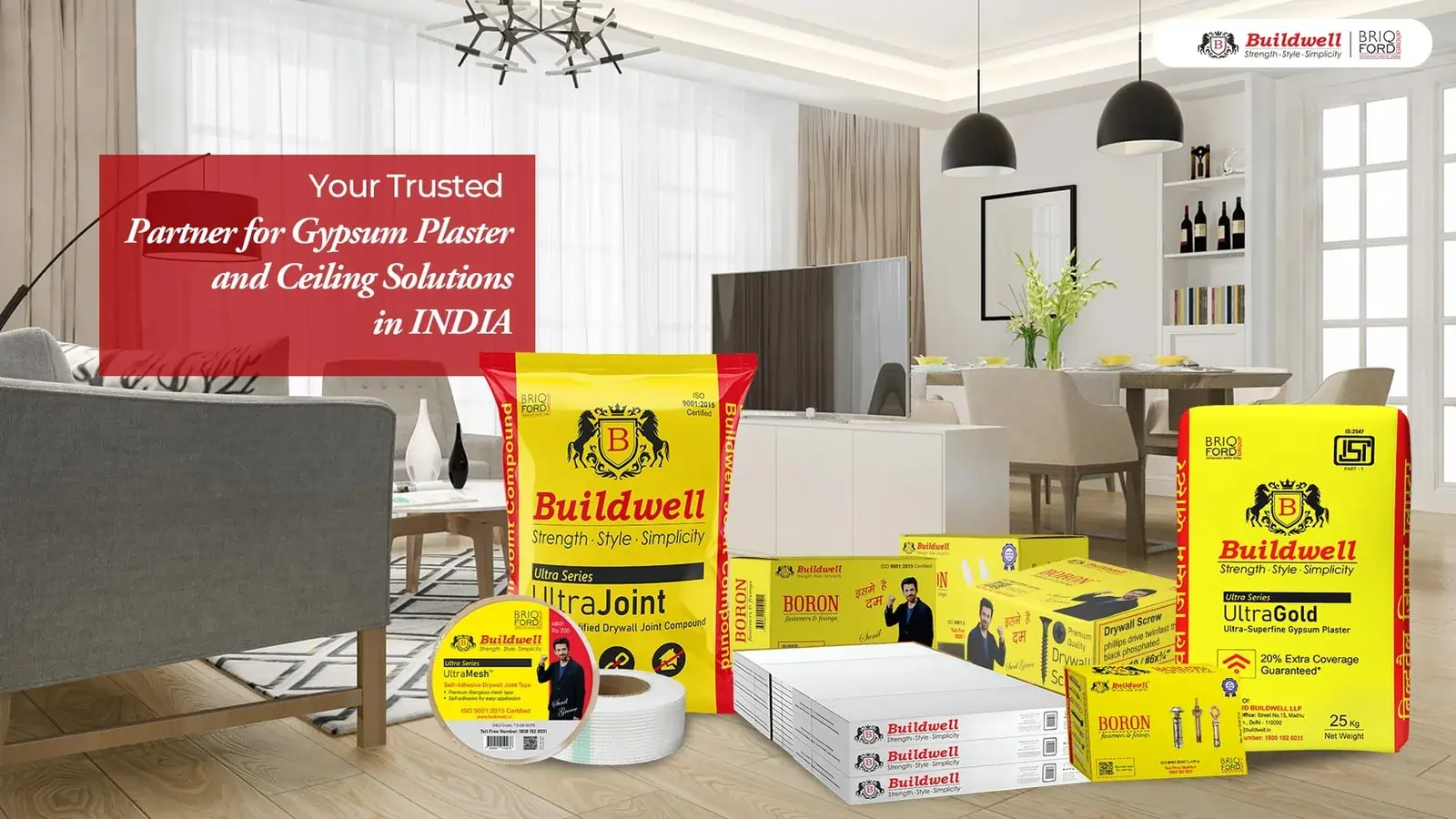 Buildwell gypsum plaster and ceiling solutions products displayed in a modern living room, showcasing joint compounds, screws, tapes, and gypsum boards—representing Gypsum Plaster and Ceiling Solutions in India
