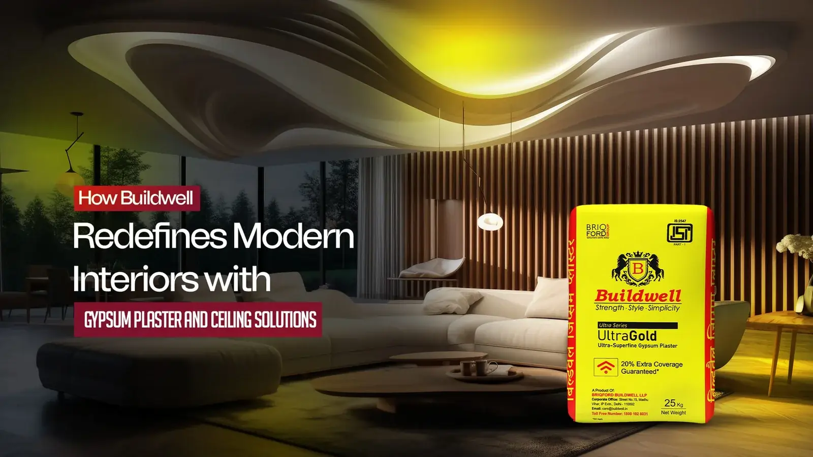 Modern living room with stylish ceiling and Buildwell UltraGold gypsum plaster bag, highlighting the Best Gypsum Plaster and Ceiling Materials for premium interiors