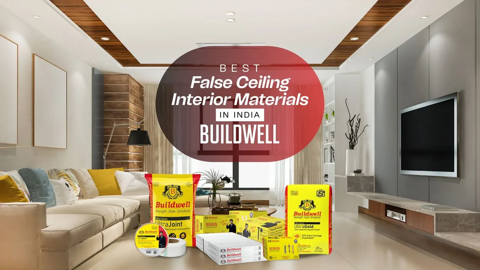 Best Interior and False Ceiling Materials in India by Buildwell – featuring gypsum plaster, ceiling tiles, and drywall solutions