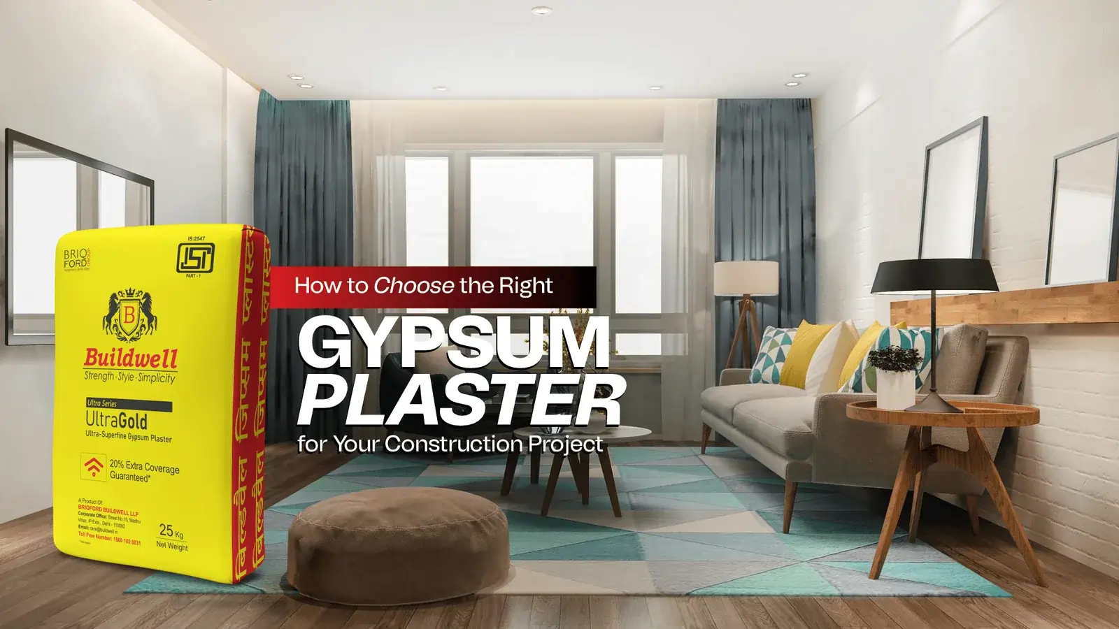 Buildwell UltraGold Gypsum Plaster in a modern living room setting—your guide to selecting the Best Gypsum Plaster for Construction with smooth finish and long-lasting strength
