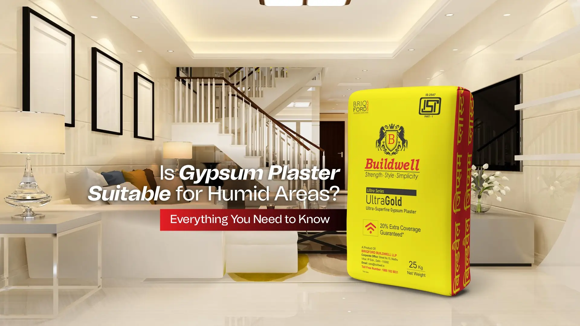 Buildwell UltraGold Gypsum Plaster – Best for humid areas with superior strength and extra coverage, highlighting the Moisture Resistance of Gypsum Plaster for long-lasting interior performance