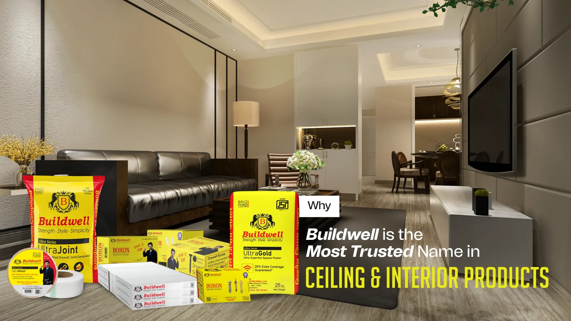 Buildwell ceiling and interior products in india including UltraGold gypsum plaster, UltraJoint compound, drywall screws, and ceiling tiles in a modern living room
