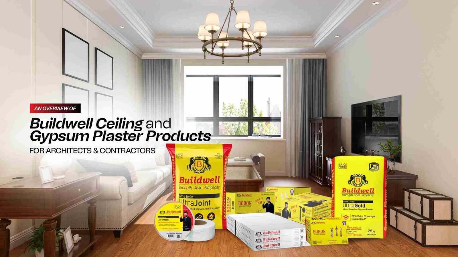 Buildwell Ceiling and Gypsum Plaster Products in India for Architects and Contractors in a Modern Living Room Setup