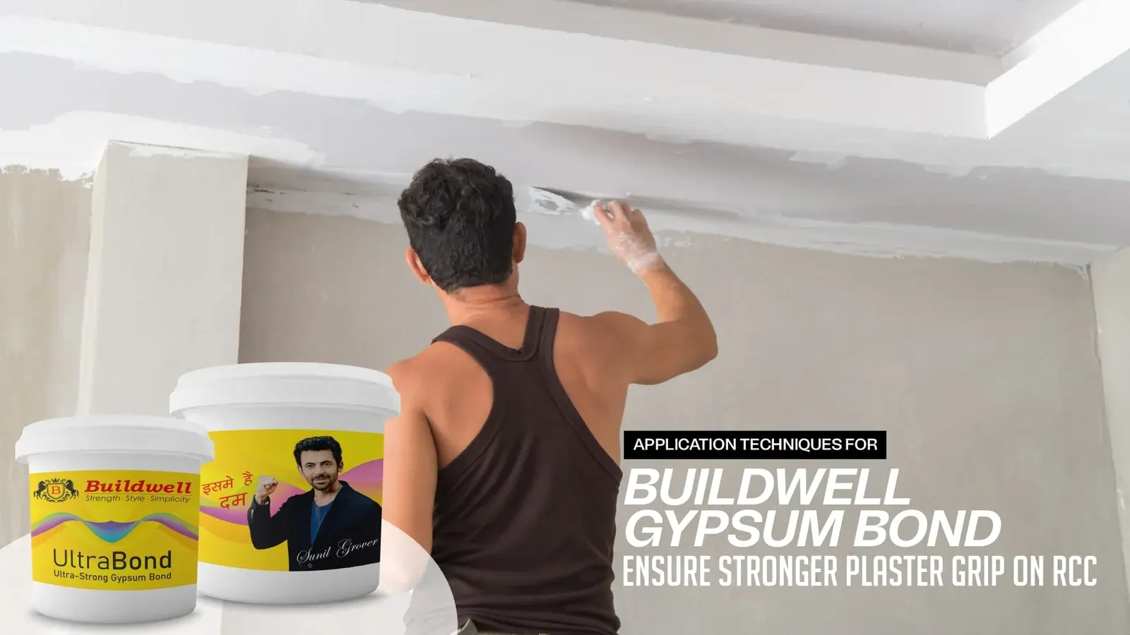 Worker applying plaster on RCC ceiling using Buildwell UltraBond — Best Gypsum Bond Supplier in India