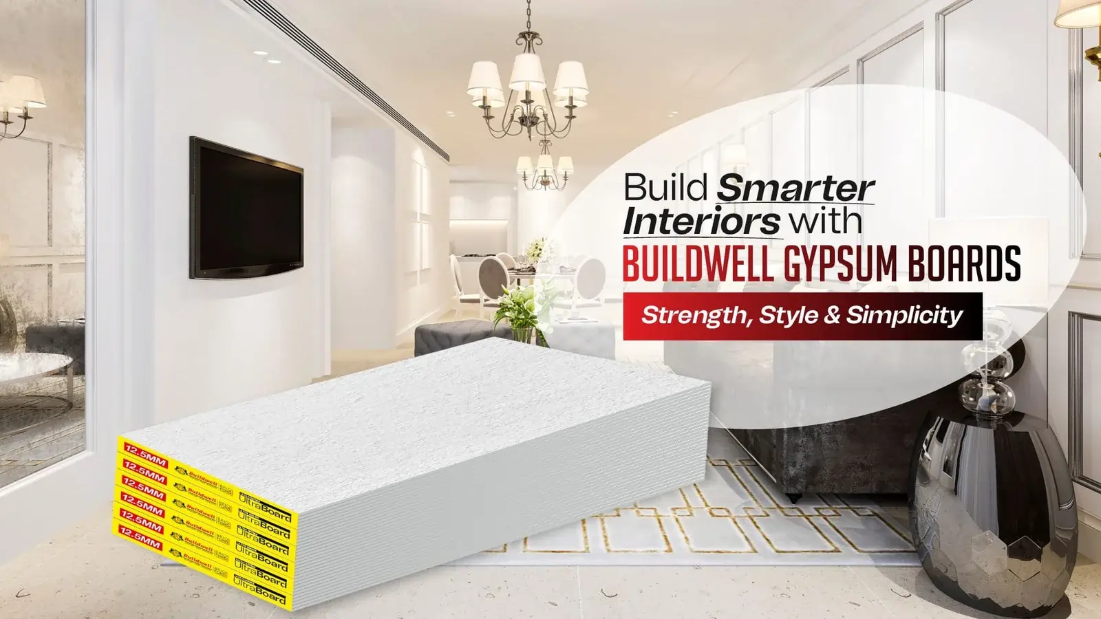 Buildwell Gypsum Boards for stylish and strong interiors—Ideal for false ceilings and partitions, featuring the Best Gypsum Board for False Ceilings and Partitions