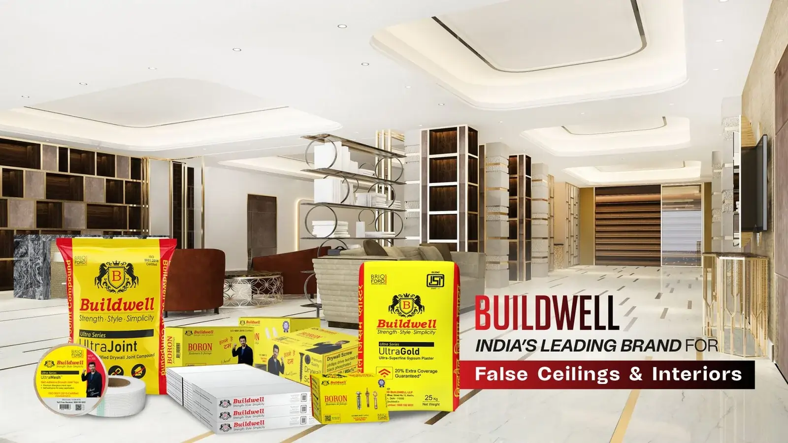 Buildwell premium false ceiling and interior materials displayed in a luxurious modern space, representing the Leading False Ceiling and Interior Brand in India