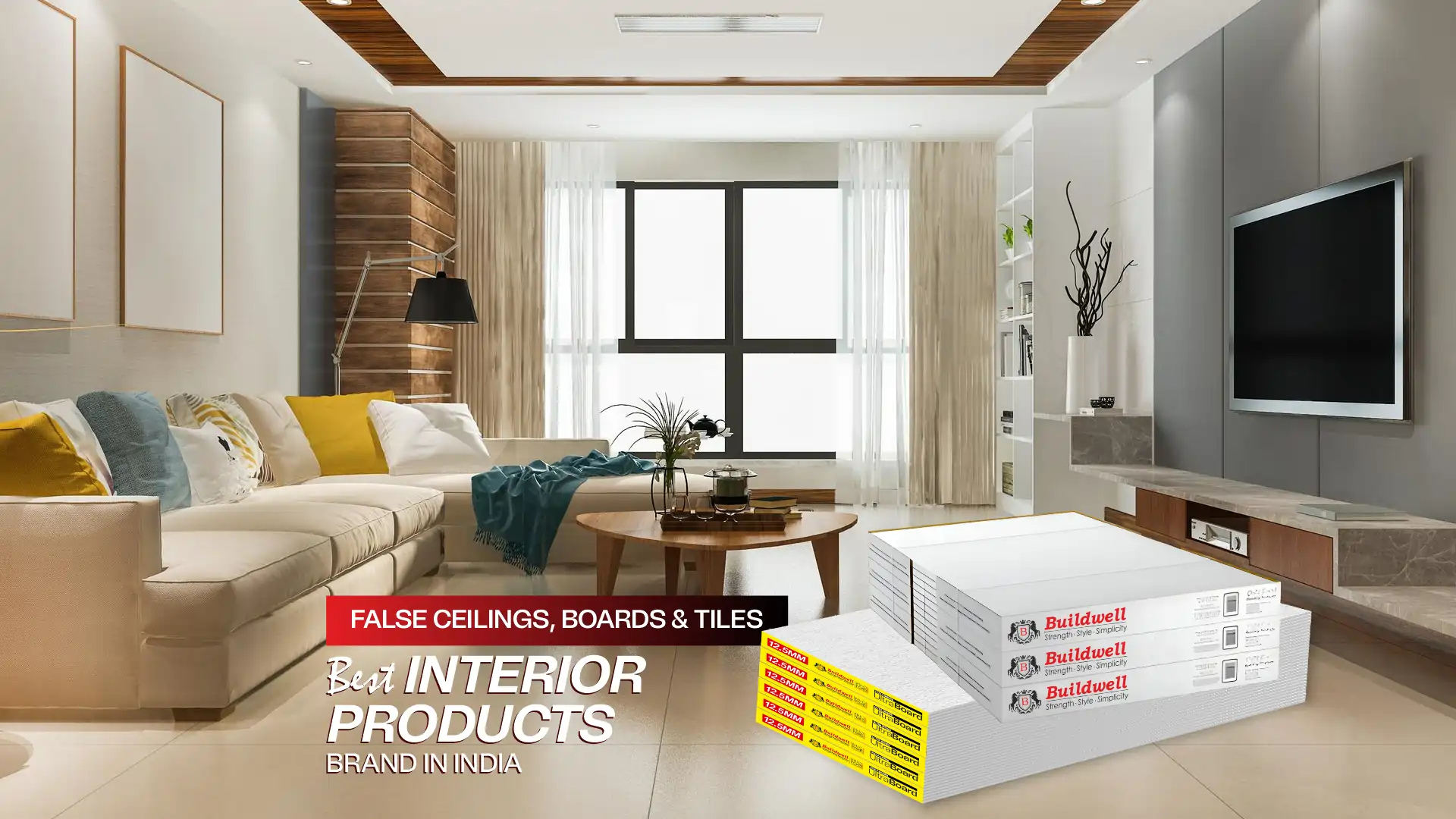 Modern living room with Buildwell boards and tiles – Best False Ceiling and Interior Products in India