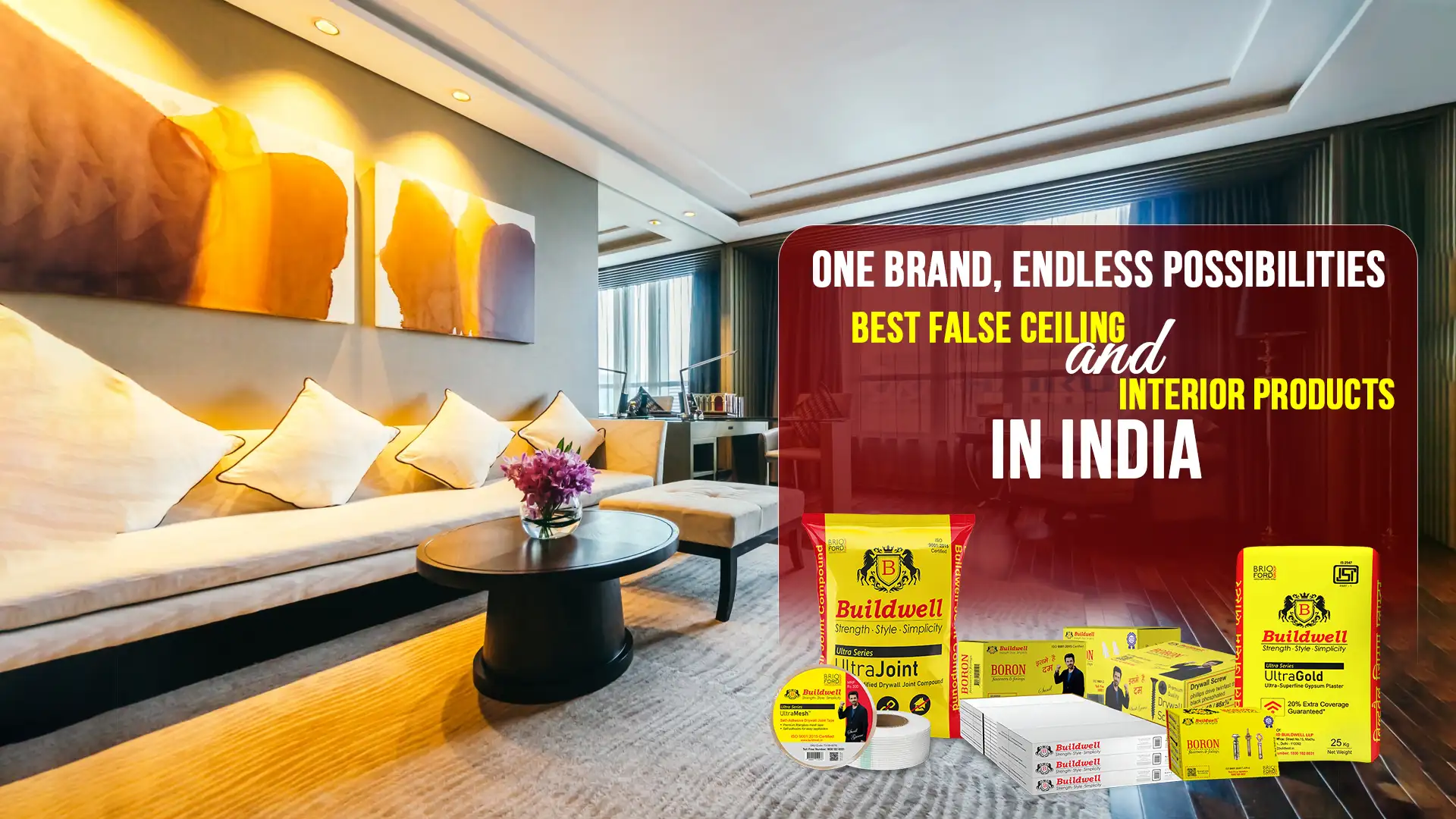Buildwell product display in a modern living room – Best False Ceiling and Interior Products in India