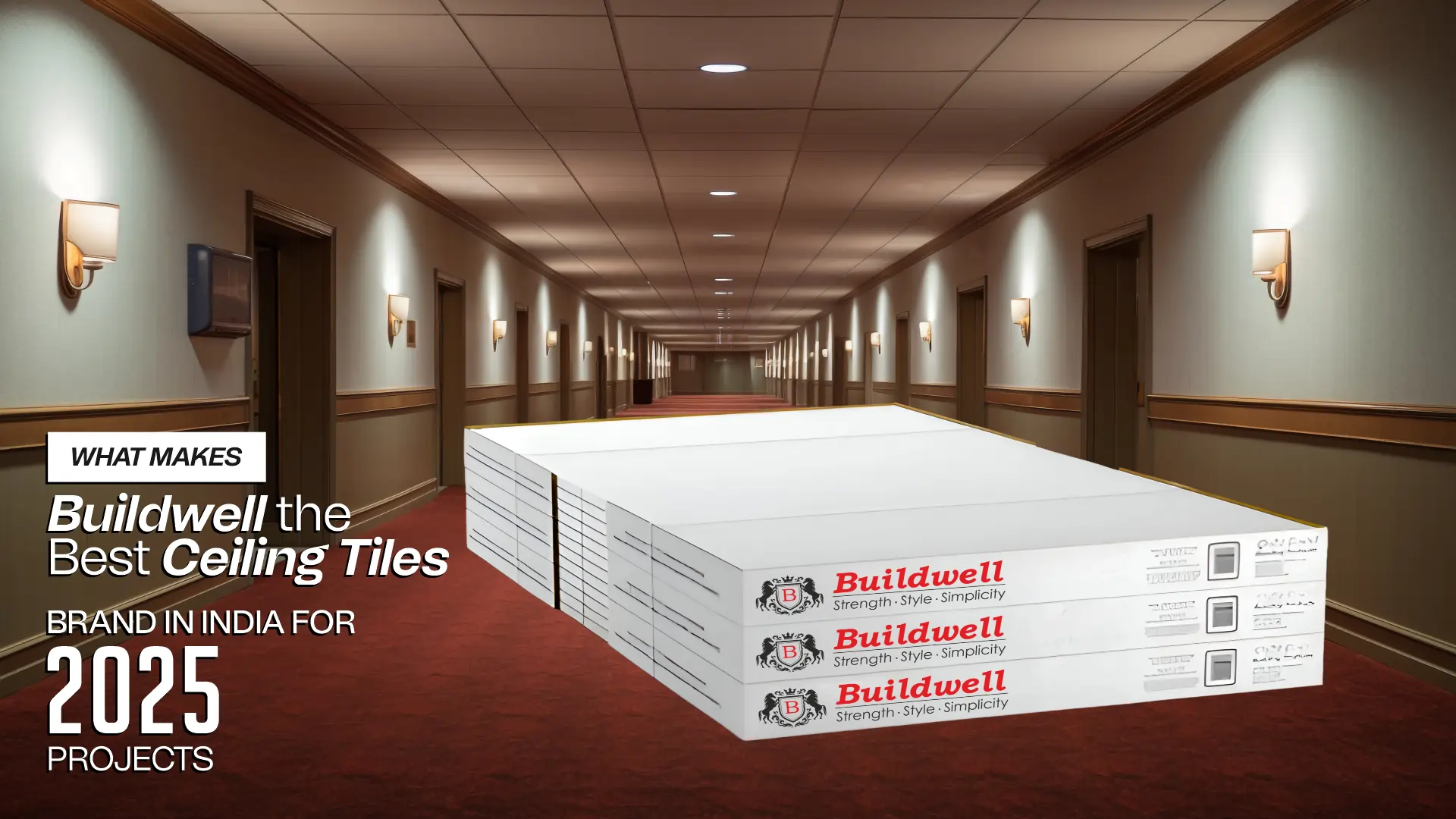 Stack of Buildwell ceiling tiles in a modern hotel hallway, representing the Best Ceiling Tiles Brand in India for 2025 interior projects.