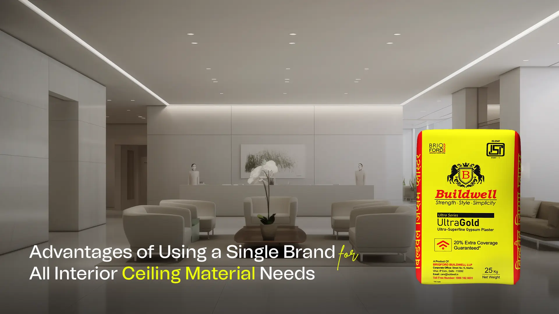 Reception area with premium false ceiling and Buildwell UltraGold plaster — Best False Ceiling and Interior Products in India