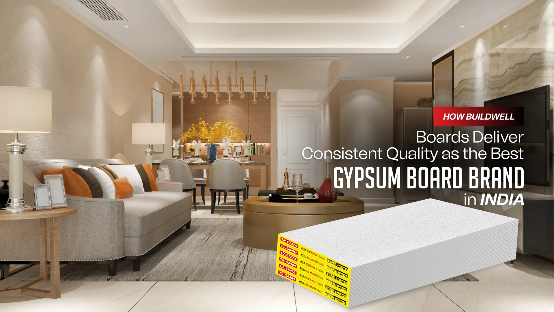 Living room ceiling with Buildwell gypsum boards – Best Gypsum Board Brand in India for smooth, strong, and stylish interiors