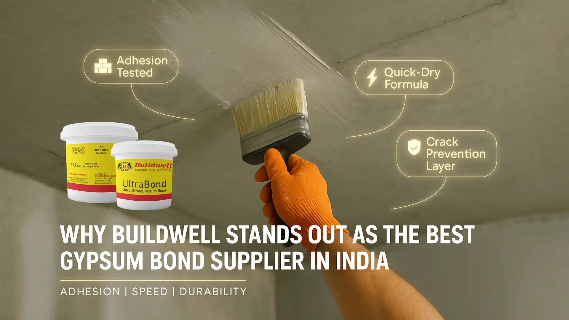 Buildwell UltraBond being applied on ceiling – Best Gypsum Bond Supplier in India for strong adhesion, quick-dry results, and crack prevention