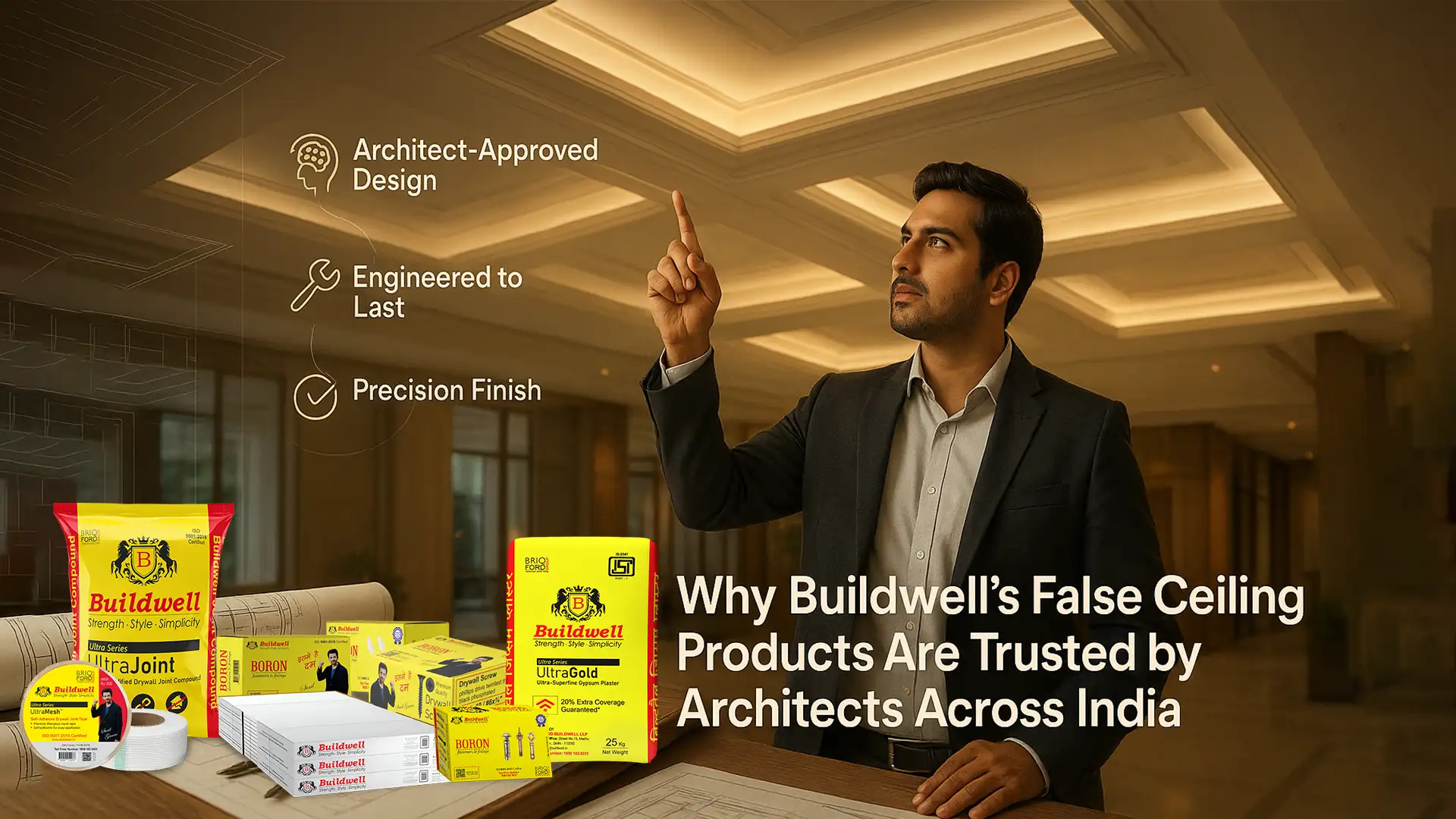 Architect with Buildwell ceiling tiles, gypsum plaster, drywall screws, and gypsum boards – best false ceiling and interior products brand in India