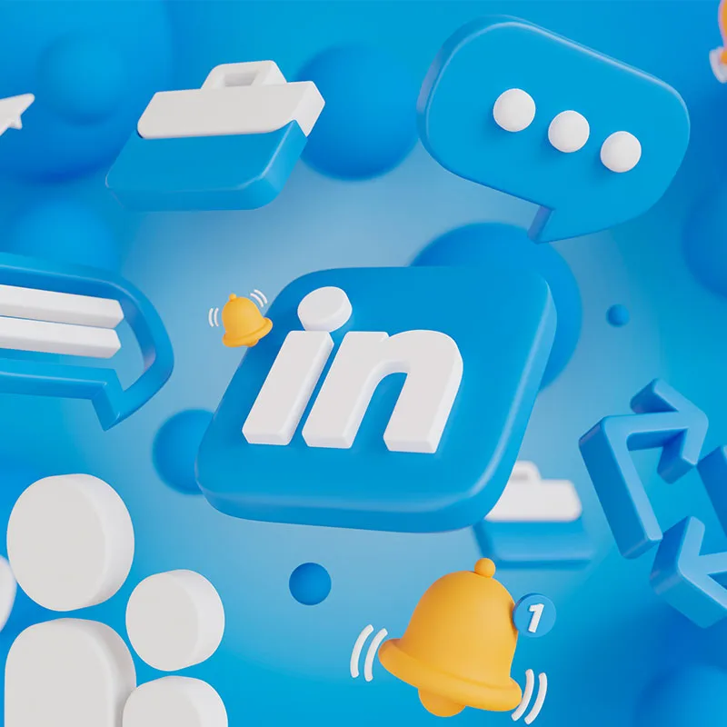 3D illustration of LinkedIn icons representing professional networking and brand engagement for Buildwell.