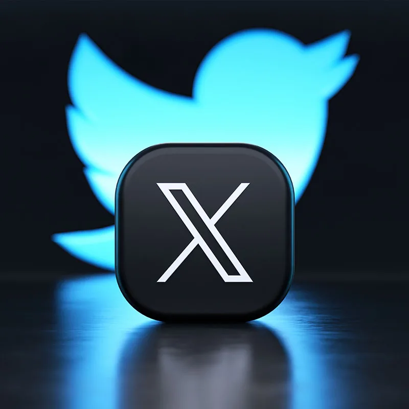 3D X logo with a glowing Twitter bird in the background, representing Buildwell's presence on X