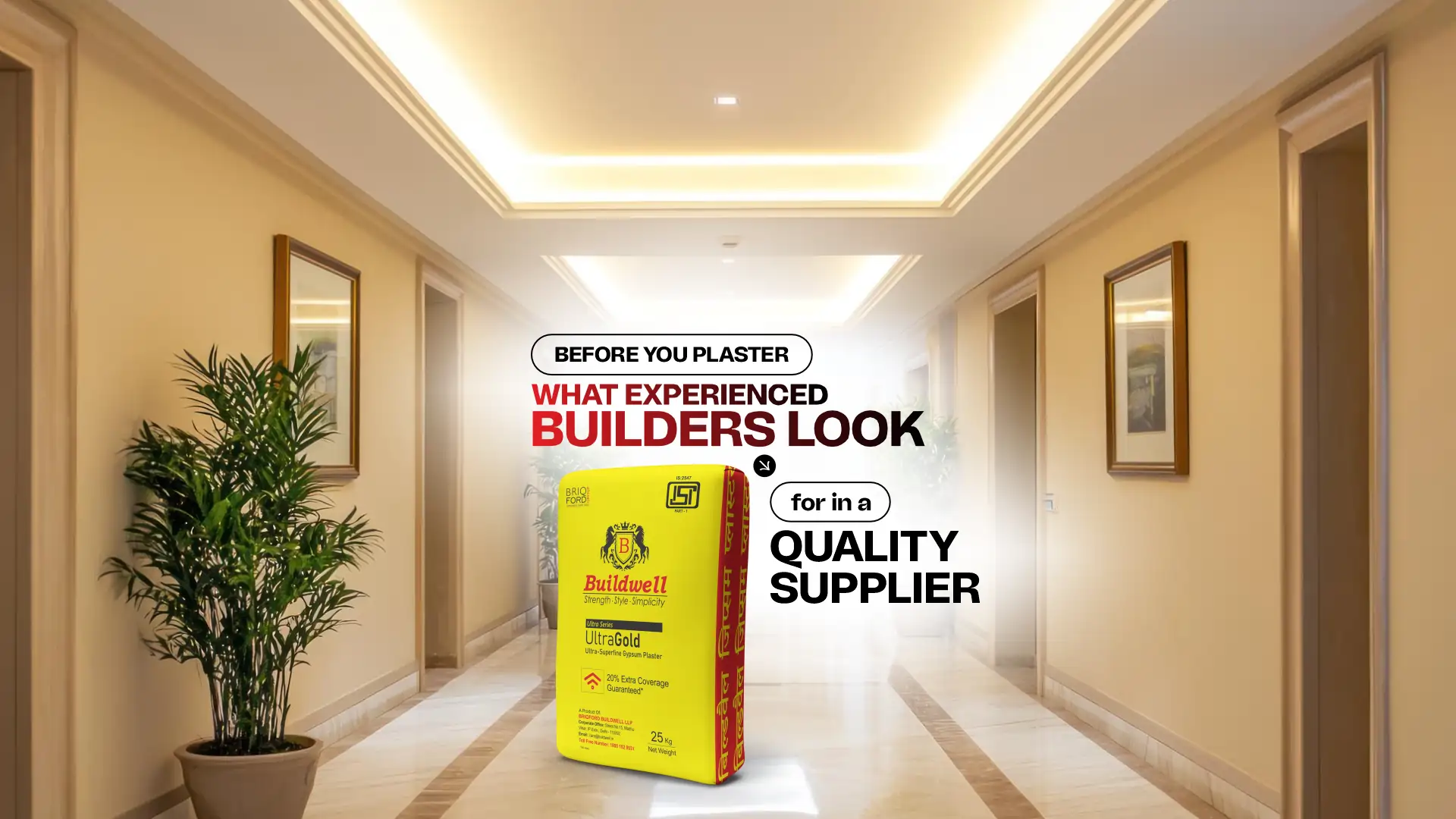 Buildwell UltraGold gypsum plaster bag in hallway, highlighting the best gypsum plaster supplier in India for quality construction