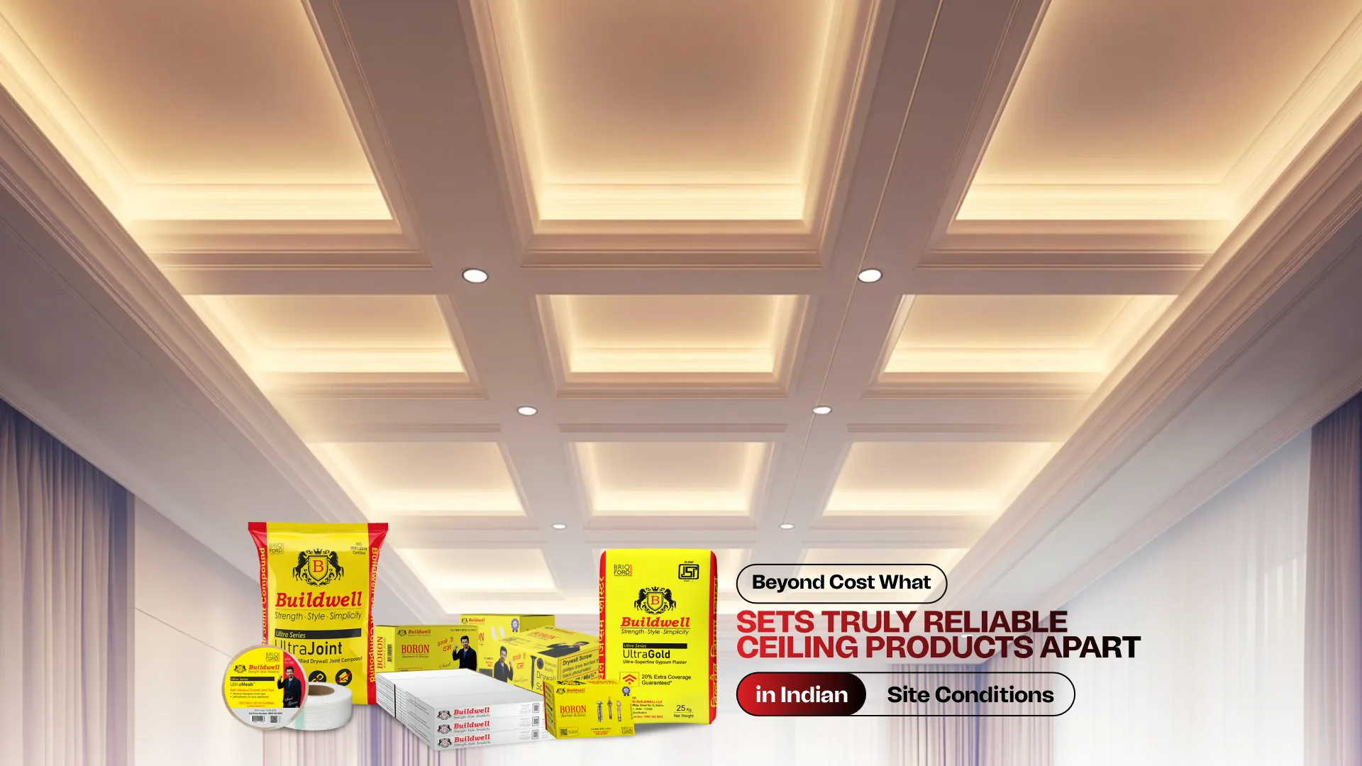 Buildwell ceiling systems displayed under premium lighting – Best Ceiling Products Brand in India