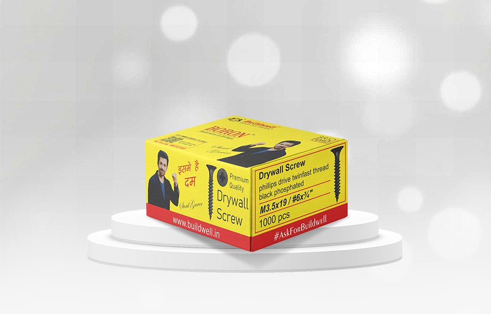 Best Drywall Screw Supplier in India – Buildwell branded drywall screw box with power drill in gypsum board ceiling