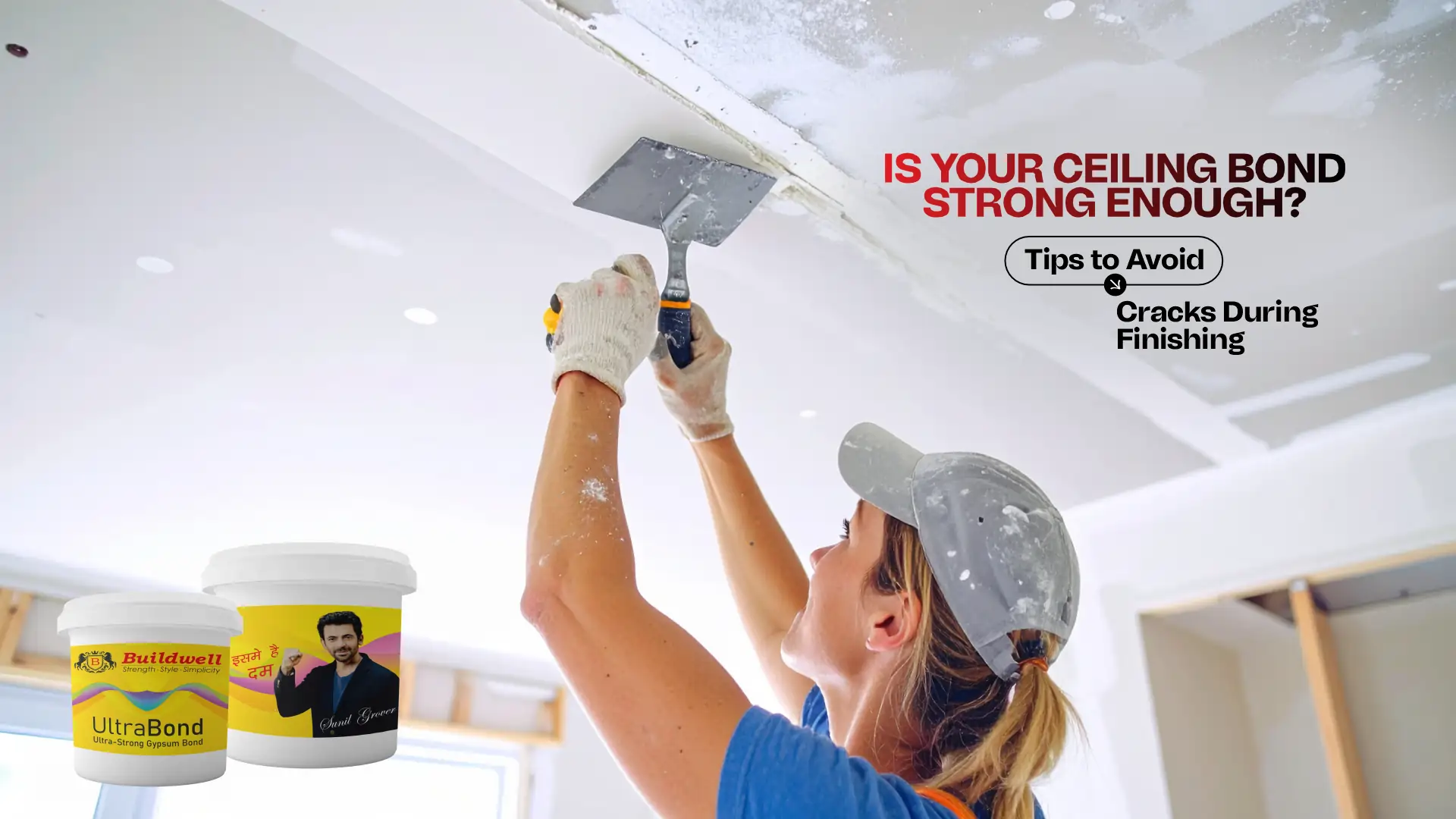 Worker applying ceiling plaster using UltraBond from Buildwell — Best Gypsum Bond Supplier in India