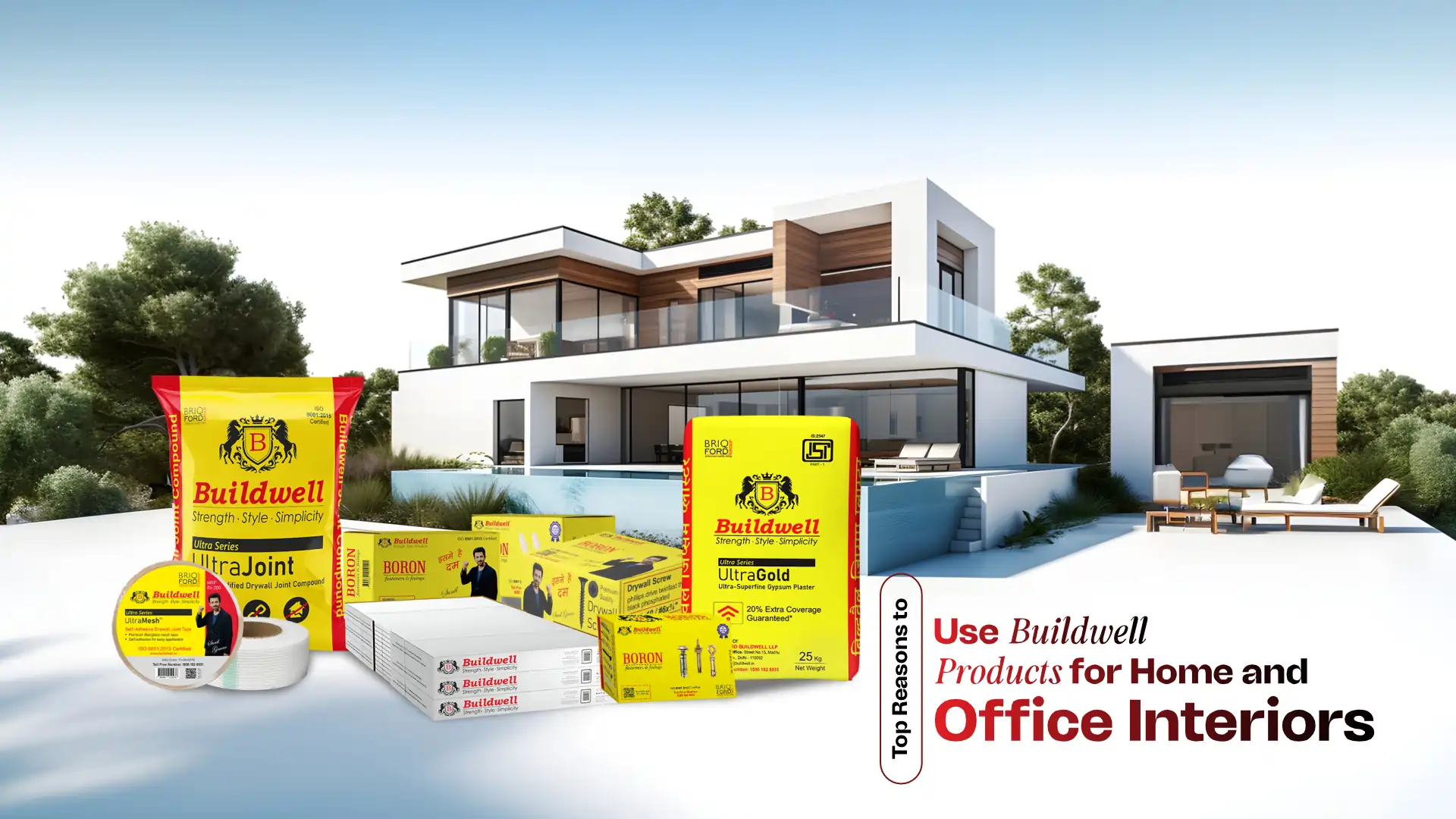 Buildwell product range featuring the best false ceiling and interior products in India displayed in a modern home setting