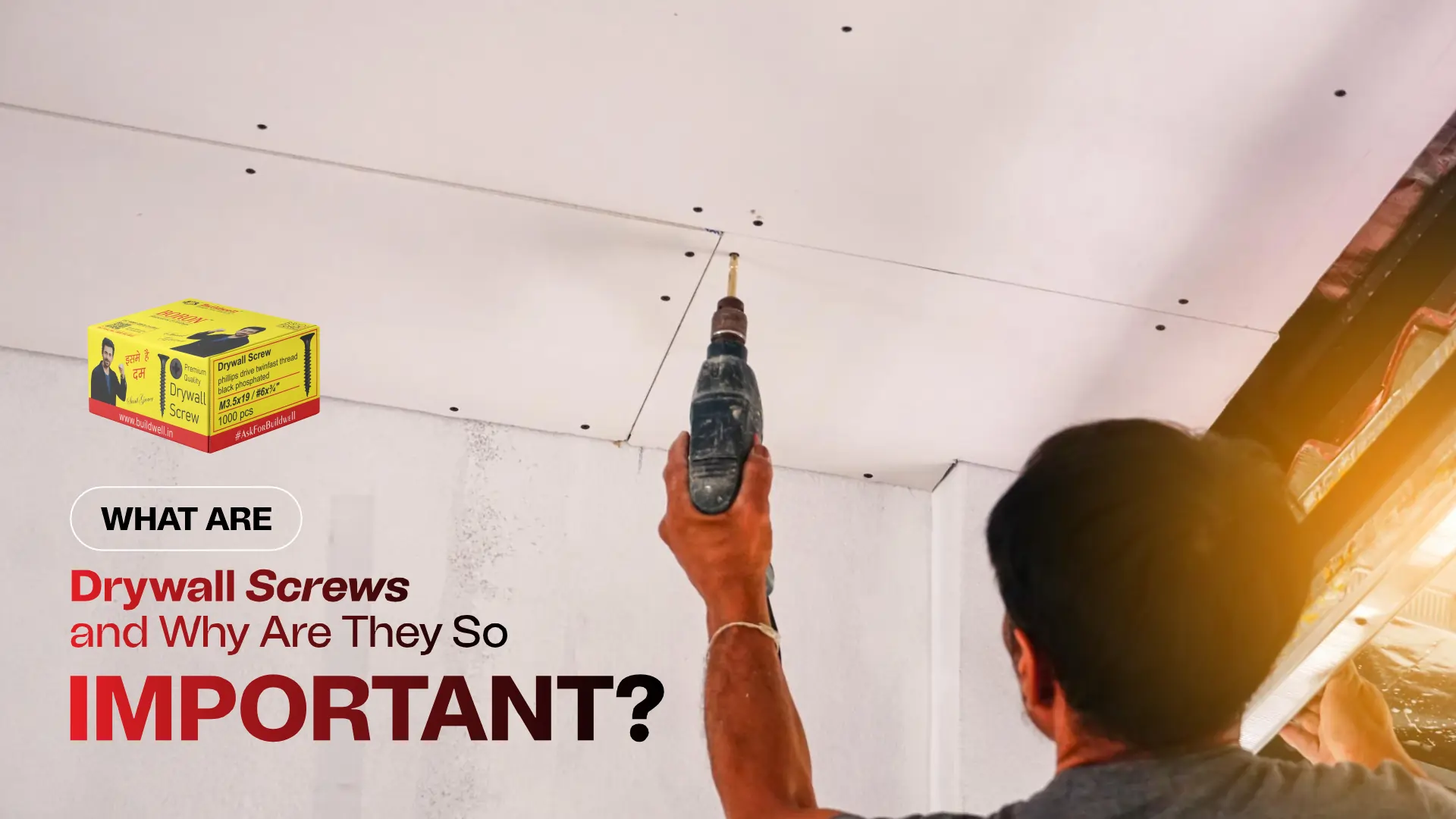 Worker installing gypsum ceiling using power drill and drywall screws from the best drywall screw supplier in India – Buildwell
