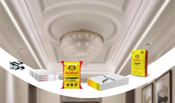 Buildwell gypsum boards, plaster bags, and ceiling products displayed in front of a decorative false ceiling background