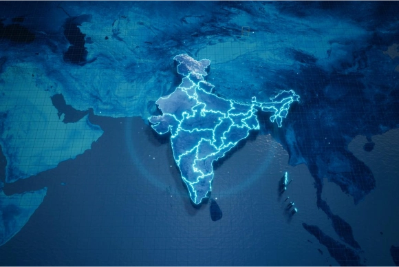 Digital map of India highlighting Buildwell nationwide network and presence for ceiling products