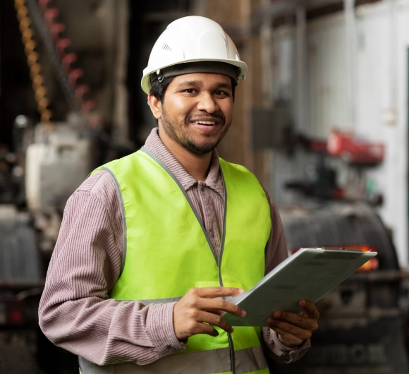 Smiling construction worker in safety gear with clipboard showing Buildwell commitment to quality and safe construction complete range of ceiling fastener interior solutions made for Indian projects
