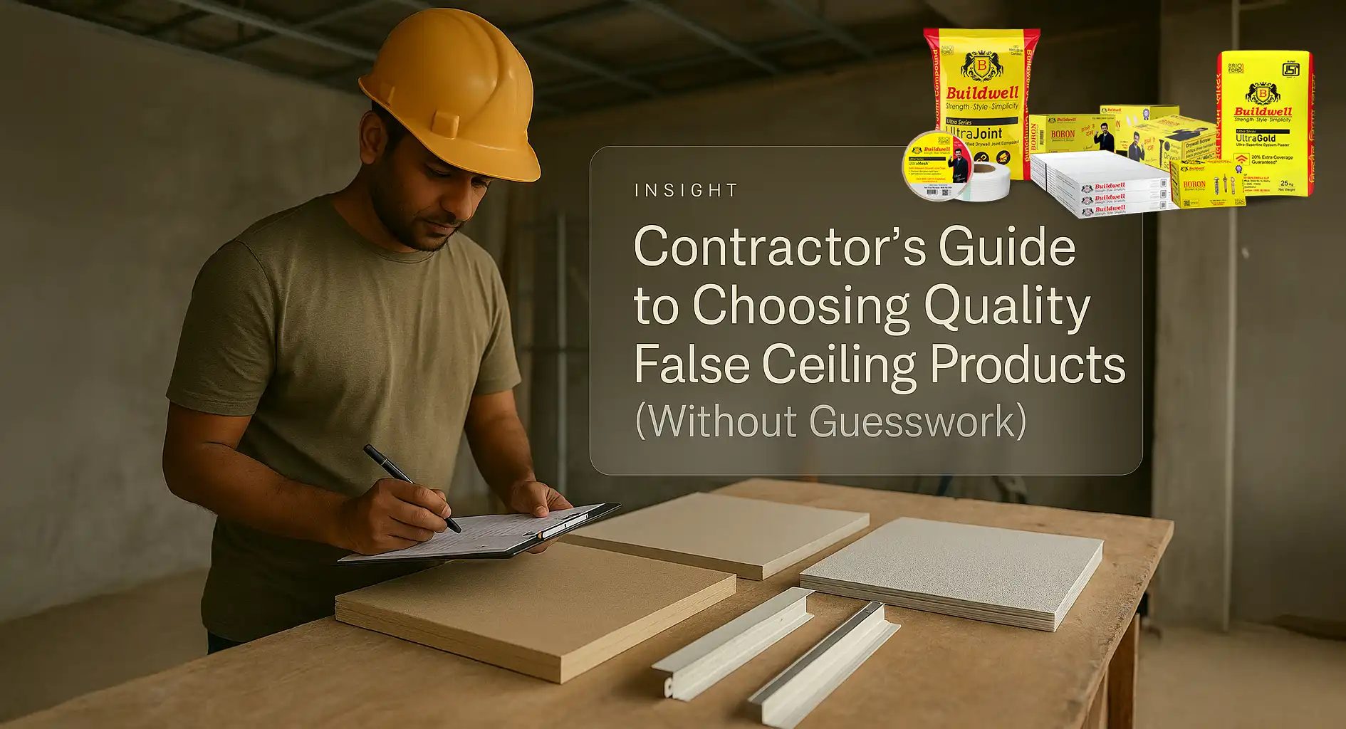 Contractor reviewing materials and products for best false ceiling and interior products in India
