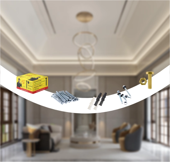 BuildWell ceiling accessories including screws, fasteners and fixings, anchors, and bolts displayed with a modern false ceiling background.