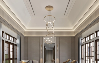 Elegant gypsum false ceiling with chandelier and ambient lighting in a modern living room by Buildwell