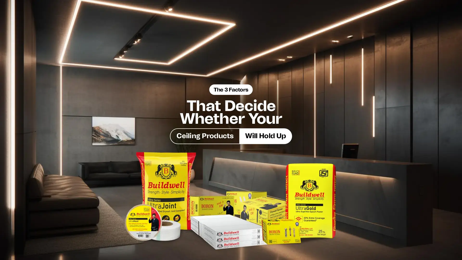 Buildwell gypsum plaster joint compounds drywall screws and ceiling accessories for durable interiors