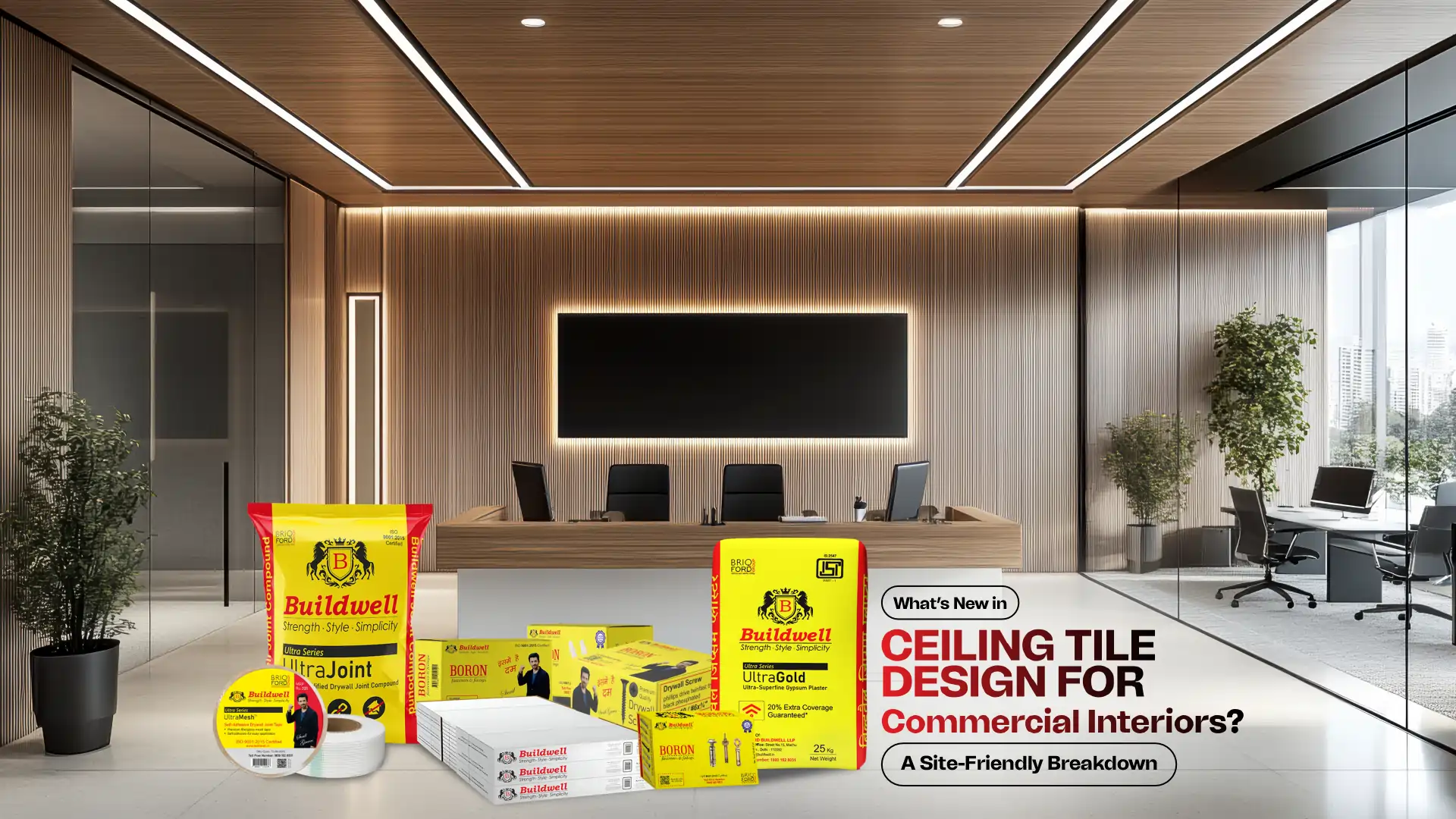 Modern office space showcasing Buildwell products – Best Ceiling Tiles Brand in India for commercial interiors