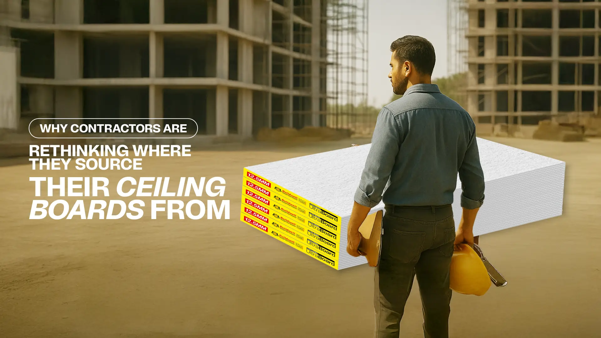 Contractor holding ceiling boards at a construction site – Best Gypsum Board Supplier in India