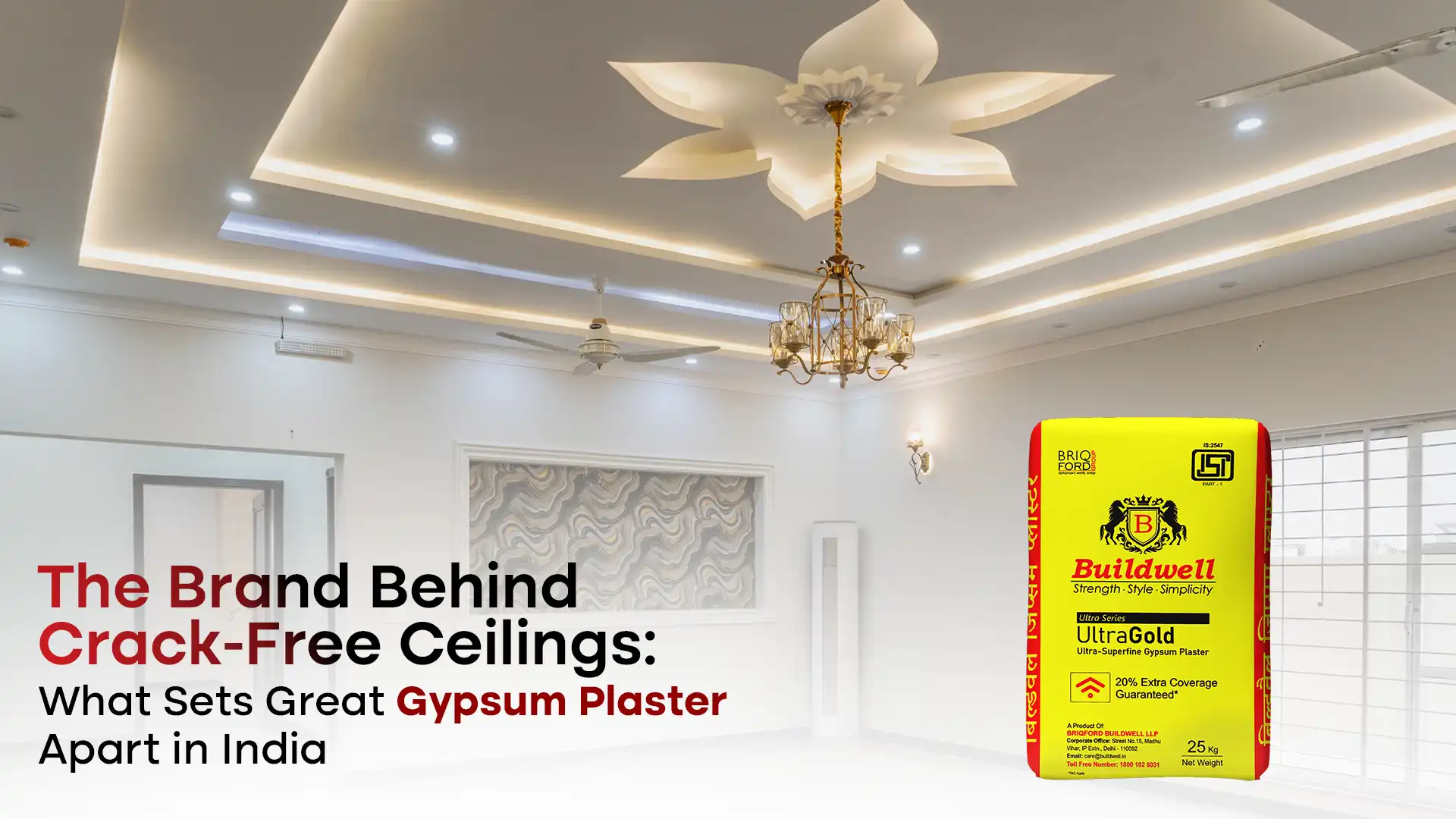 Best Gypsum Plaster Brand in India – Buildwell UltraGold crack-free ceiling plaster for interiors