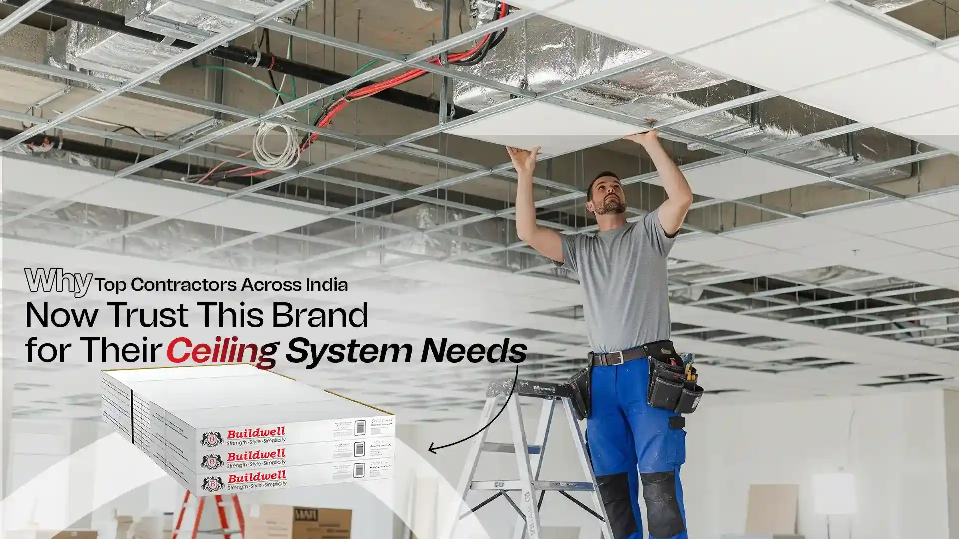 Technician installing ceiling panels using premium products from the Best Ceiling Products Brand in India for strong, reliable, and long-lasting ceiling systems