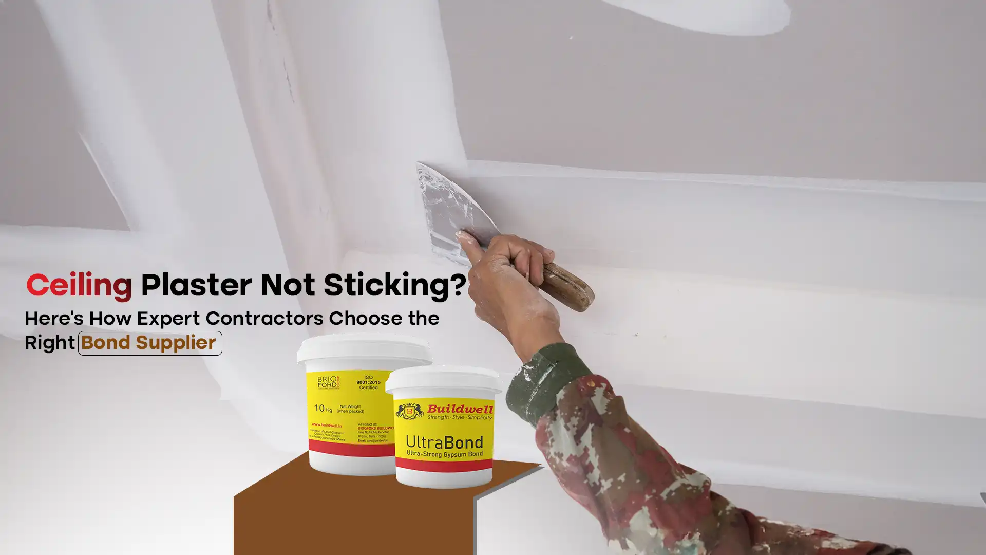 Worker applying ceiling plaster with trowel using Buildwell UltraBond – Best Gypsum Bond Supplier in India