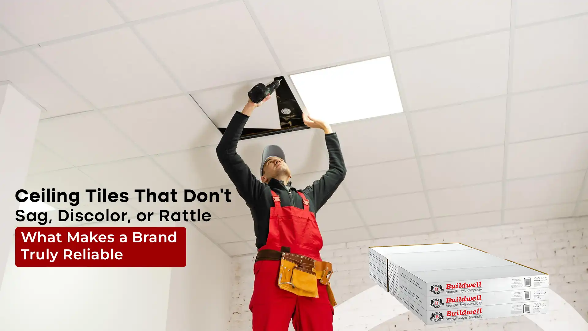 Professional installing Buildwell ceiling tiles — Best Ceiling Tiles Brand in India for durable, smooth, and long-lasting ceilings.