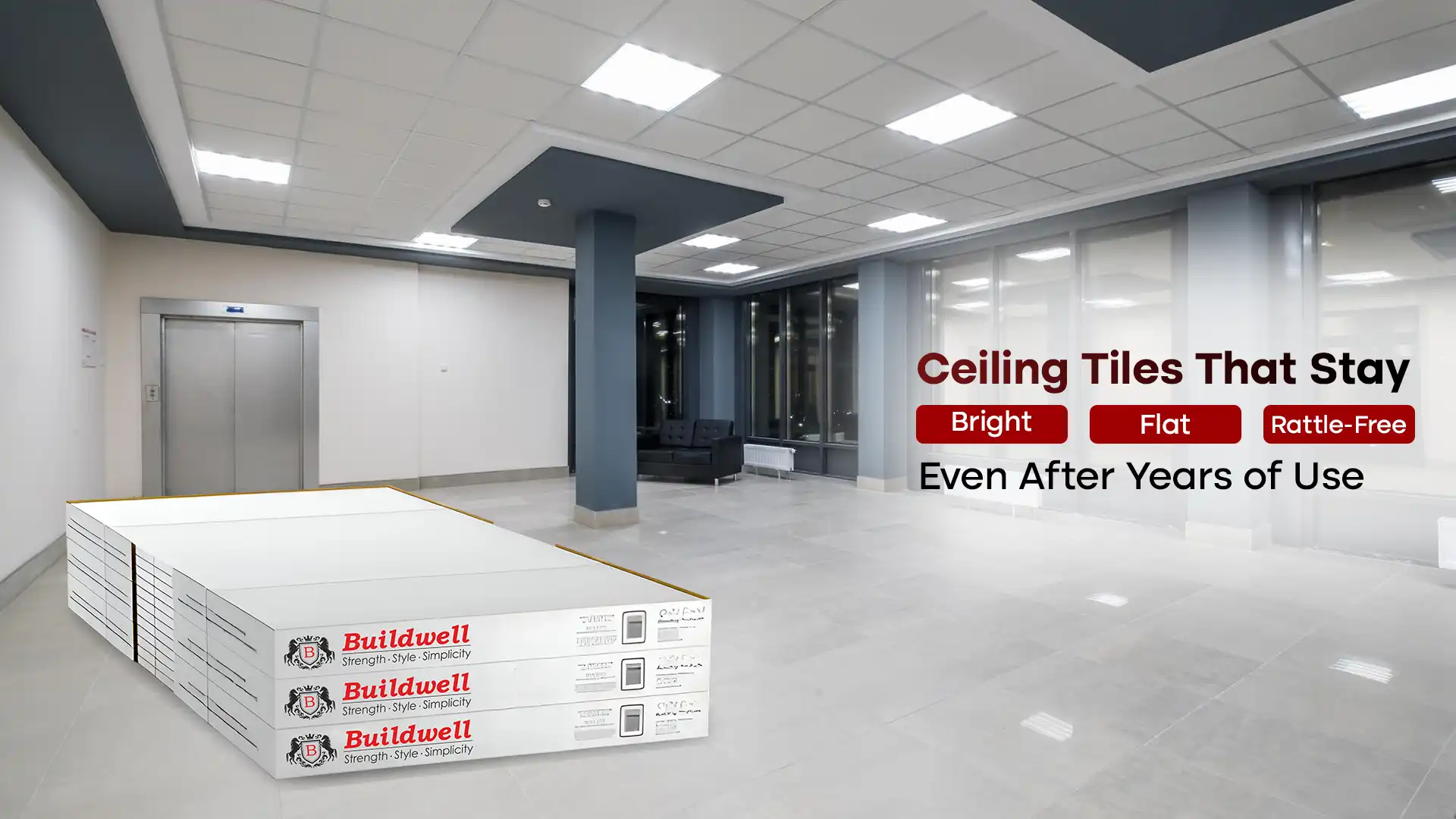Buildwell Ceiling Tiles installed in a modern office interior — bright, flat, and rattle-free false ceiling panels that maintain a smooth finish and high durability even after years of use.