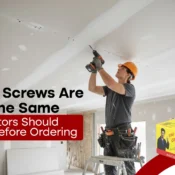 Professional installer using Gypsum Screw for ceiling installation – Buildwell Drywall Screws box visible, highlighting quality and precision fastening for gypsum board ceilings