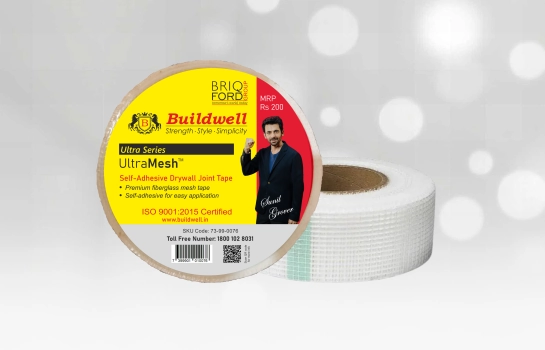 construction worker applying Buildwell jointing tape on ceiling joint – Briqford Buildwell