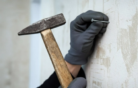 worker hammering Buildwell nail into wall surface – Buildwell