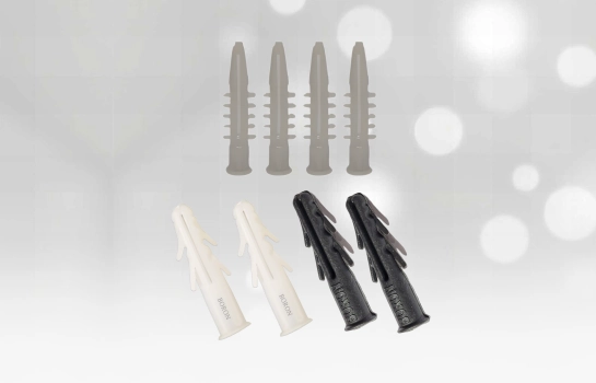 Buildwell plastic wall plugs in black, white, and grey – Buildwell
