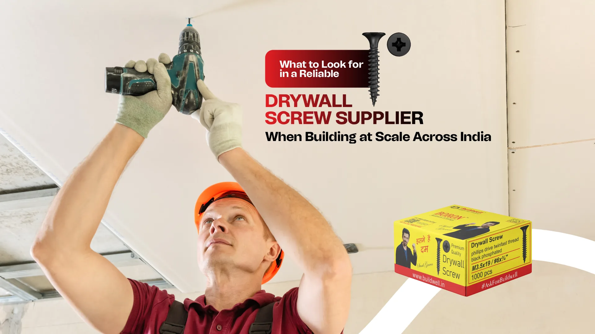 Professional contractor installing ceiling panels with a power drill using premium drywall screws from Buildwell – trusted Drywall Screw Supplier in India
