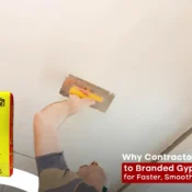 Contractor applying Gypsum Plaster on ceiling using Buildwell branded plaster for a smooth and fast ceiling finish.