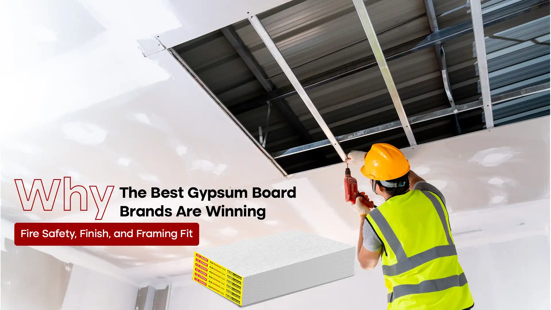 Worker installing ceiling board from the Best Gypsum Board Brand in India for fire safety and perfect finish