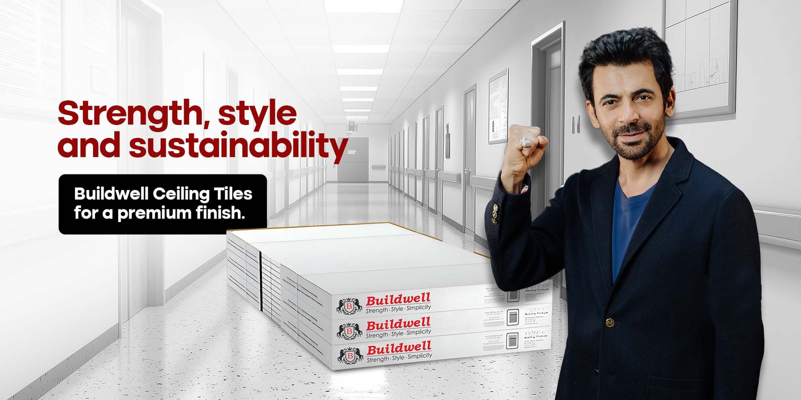Actor promoting Buildwell ceiling tiles with tagline strength, style, and sustainability, showing premium gypsum ceiling boards for interiors