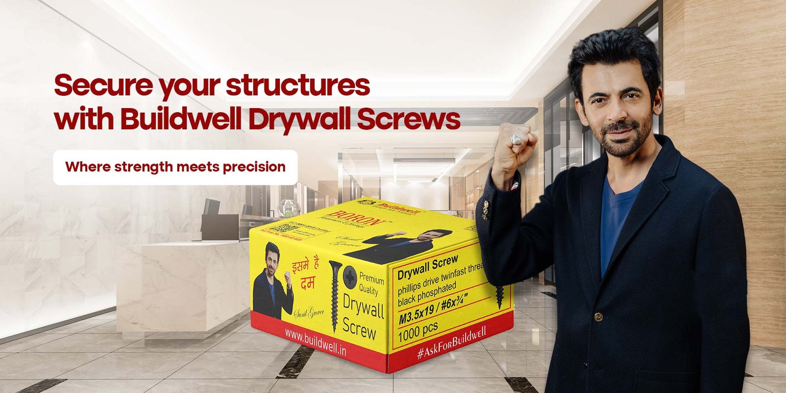 Actor promoting Buildwell ceiling tiles with tagline strength, style, and sustainability, showing premium gypsum ceiling boards for interiors